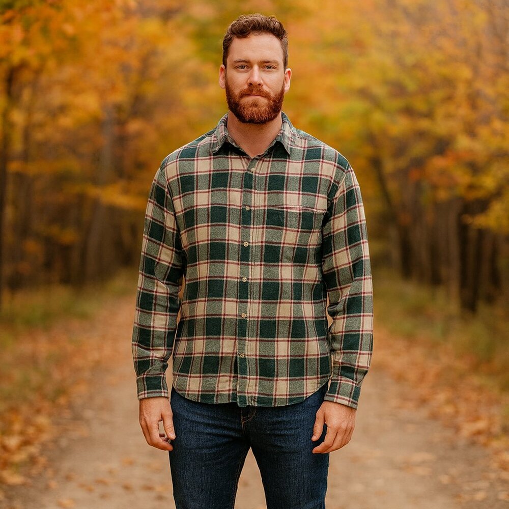 Eddie Bauer Olive/Brown Plaid Bristol Flannel Hiking Western Biker‎ Shirt Men LT